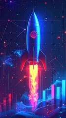 Obraz premium Futuristic Neon Rocket Launching into Digital Network Symbolizing Growth and Innovation.
