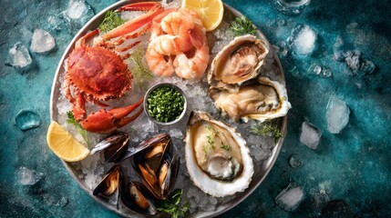 Fresh Seafood Platter with Oysters, Shrimp, Crab, and Mussels Garnished with Lemon and Green Onions on a Chilled Slate Background