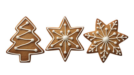 Three gingerbread cookies isolated on transparent background, christmas tree, star