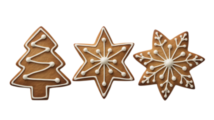 Three gingerbread cookies isolated on transparent background, christmas tree, star