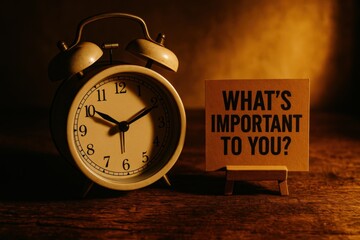 Alarm Clock with 'What's Important To You?' Note: Time Management and Prioritization Concept