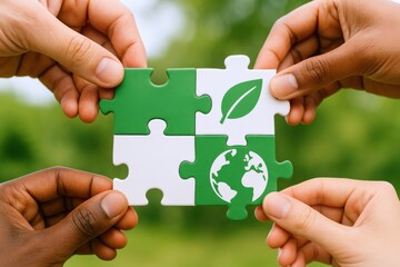 Collaborative Sustainability: Diverse Hands Connecting Green Jigsaw Pieces Representing Ecology, Environment, and Global Partnership