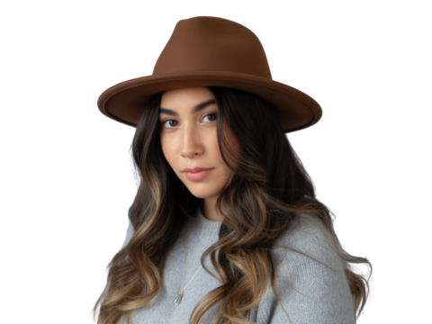 Young woman wearing a brown fedora hat isolated on transparent background