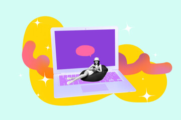 3d pop zine sketch artwork collage of happy girl sit beanbag laptop type message notification speech dialogue correspondence