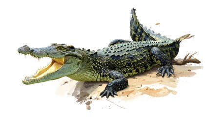 Obraz premium A digitally painted crocodile with open jaws, detailed scales, and a tail, on a sandy ground