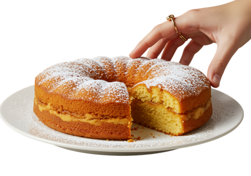 Delicious bundt cake with powdered sugar and a slice removed on transparent background