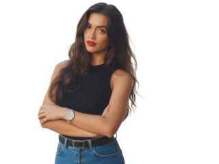 Young woman with long wavy hair arms crossed isolated on transparent background