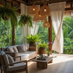 Peaceful tropical jungle villa living room with rustic wooden furniture and hanging plants.