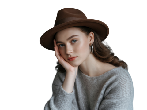 Young woman wearing a fedora hat isolated on transparent background