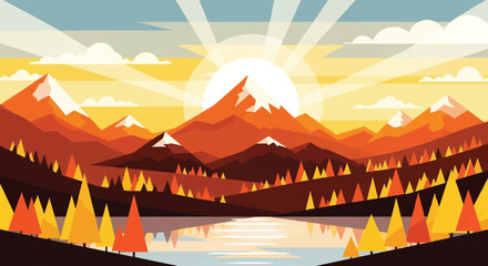 Vibrant mountain landscape with a glowing sun rising over a serene lake and pine forest