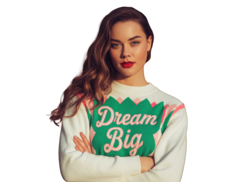 Young woman wearing a dream big sweater isolated on transparent background - Powered by Adobe