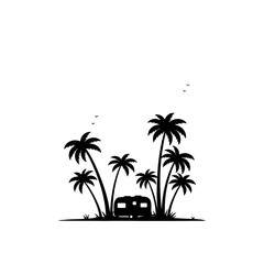 Camper van silhouette parked among tropical palm trees.