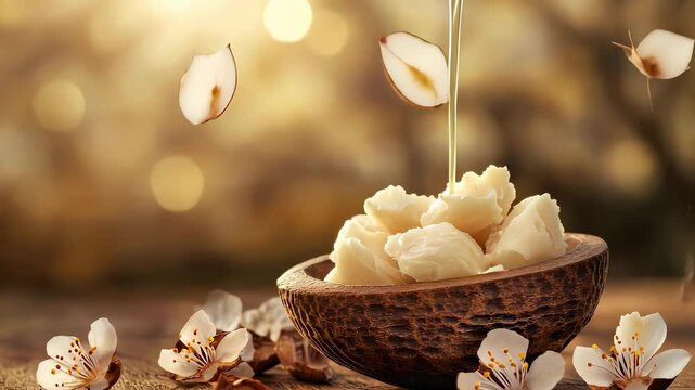 The bowl contains creamy shea butter, surrounded by delicate white flowers scattered across the table. This shea butter adds a natural touch to the serene scene, enhancing the peac