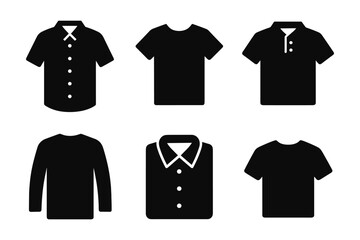 Set of silhouette shirt icons: t-shirts, polos, and long sleeves in minimalist style
