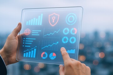 Futuristic Technology: Hands Holding Transparent Tablet Displaying Business Data and Cybersecurity Graphics over Cityscape