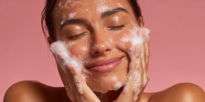 Woman enjoying facial cleansing with foaming cleanser for healthy radiant skin against pink background