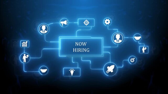 Business, Technology, Internet and network concept. NOW HIRING inscription, modern technology business concept.