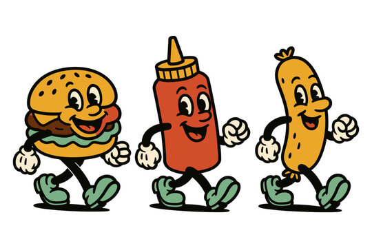 Retro cartoon fast food characters: burger, ketchup, and hot dog