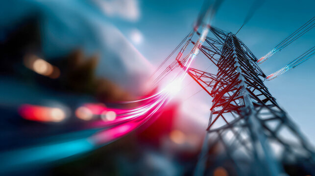 High-voltage power tower with glowing energy lines symbolizing electricity flow and modern infrastructure