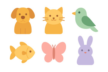 Fototapeta premium Cute flat animal icons: dog, cat, bird, fish, butterfly, rabbit