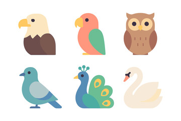 Collection of flat style cartoon birds featuring eagle, parrot, and more