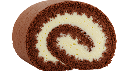 Delicious chocolate swiss roll cake slice with cream filling on transparent background