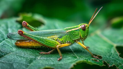 Close-Up View of Vibrant Green Grasshopper Sitting on Leaf with Natural Background and Sharp Details Showing Insect Features and Textures