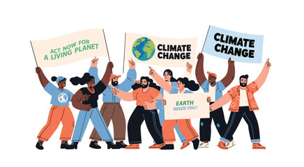 People demonstrating against climate change, carrying placards supporting eco-friendly lifestyles, green energy, and planet conservation awareness.