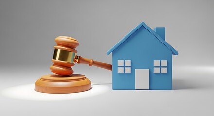 Gavel and blue house symbolizing real estate foreclosure or auction