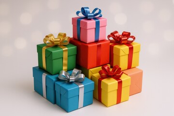Fototapeta premium Stack of colorful gift boxes with ribbons, perfect for holiday celebrations and special occasions