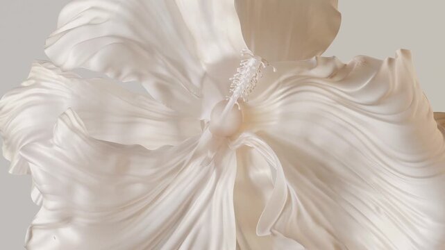 Single white hibiscus-inspired flower time lapse growth, elegant petal waves 3d rendering botanical animation. Spa, cosmetic or natural design concepts