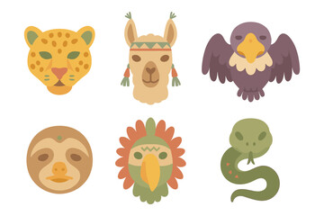 Obraz premium Colorful flat animal heads: jaguar, llama, eagle, sloth, parrot, snake