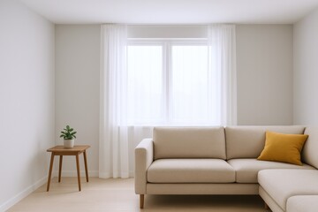 Bright Minimalist Living Room Interior with Sofa, Side Table and Sheer Curtains for Background Use