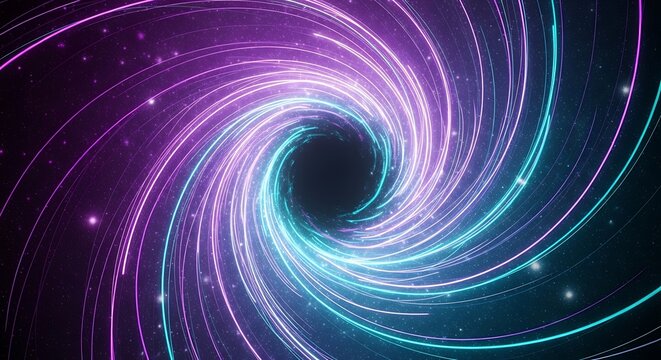 Futuristic swirling vortex of vibrant purple and cyan neon lights spiraling into a dark cosmic abyss, representing a digital wormhole or time travel portal