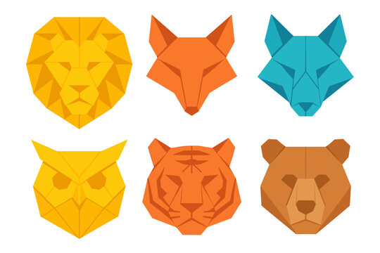 Geometric animal faces in vibrant colors featuring lion, fox, wolf, owl, tiger, bear