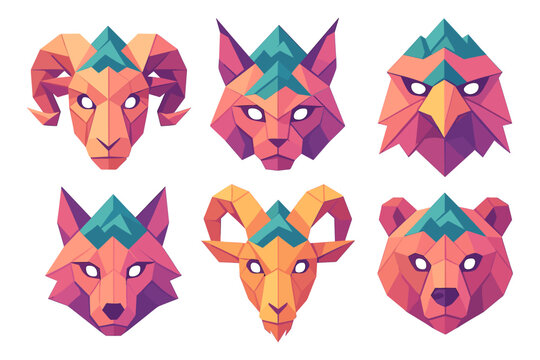 Geometric animal faces with vibrant polygonal design