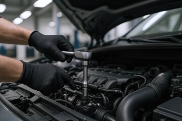 Fototapeta premium Automotive Technician Tightening Bolt in Car Engine Bay with Socket Wrench, Wearing Black Gloves