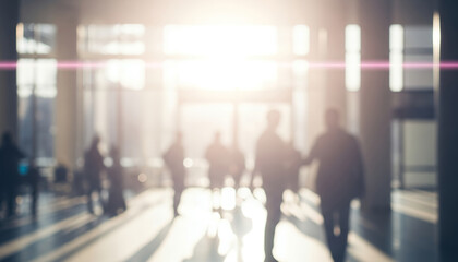 Early sunlight pours through wide windows, outlining people in quiet conversation, symbolizing teamwork, communication, and modern business spirit.