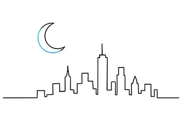 Obraz premium Minimalist skyline with crescent moon over cityscape