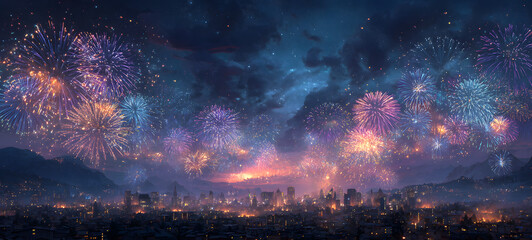 Fototapeta premium Silvester, New Year's Eve, Festival Party New Year 2026, new years eve Fireworks background banner panorama - firework and sparklers on rustic dark blue night sky texture