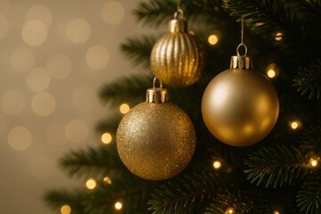 Elegant Christmas Tree Ornaments: Golden Baubles and Festive Lights for Holiday Celebrations