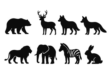 Fototapeta premium Wildlife silhouettes: bears, deer, wolves, foxes, lions, elephants, zebras, rabbits
