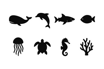 Obraz premium Silhouette ocean animals collection: whales, dolphins, sharks, turtles, seahorses, corals