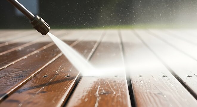 Close up of a pressure washer cleaning a wooden deck with a powerful water spray