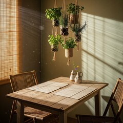 Rustic wooden dining table with hanging plants in warm sunlight.