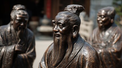 Bronze sculptures of ancient philosophers in a serene outdoor setting, representing wisdom, culture, and history, ideal for educational and artistic purposes