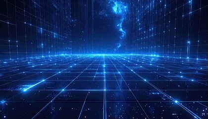 Futuristic Digital Grid Network Abstract Technology Background Blue Lights.