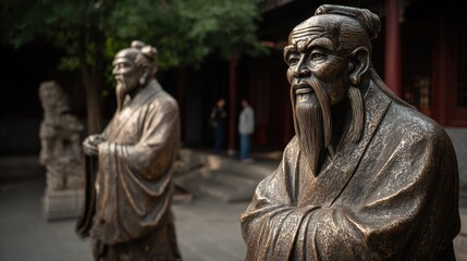 Ancient bronze statues of wise scholars in a serene traditional garden, showcasing intricate details and historical significance in a peaceful setting