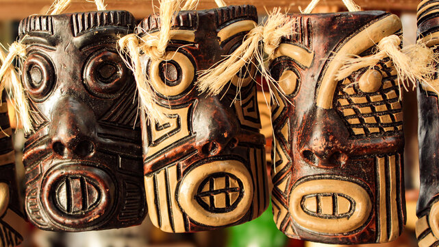 Fototapeta Indigenous crafts, baked clay masks, sold to tourists at the Ver o Peso fair, in the city of Belém, capital of Pará, northern Brazil