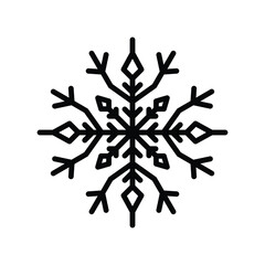 A black symmetrical snowflake icon It has six main branches each with detailed geometric designs and pointed edges
